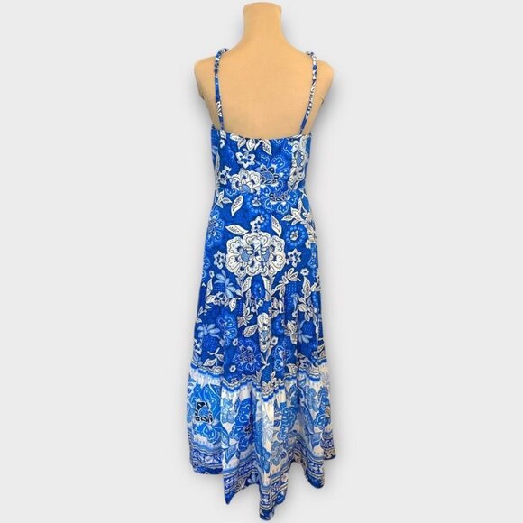 NEW Farm Rio Midi Dress M Blue Full Of Flowers Organic Cotton NWT Tiered - Picture 10 of 10